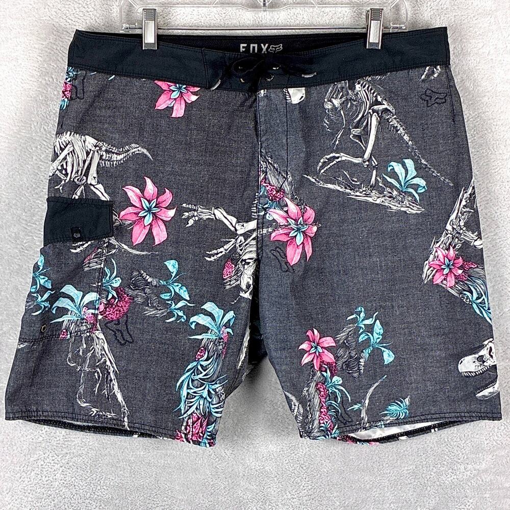 Fox Racing Board Shorts Mens 36 Gray Pink Floral T-Rex AOP Performance Beach